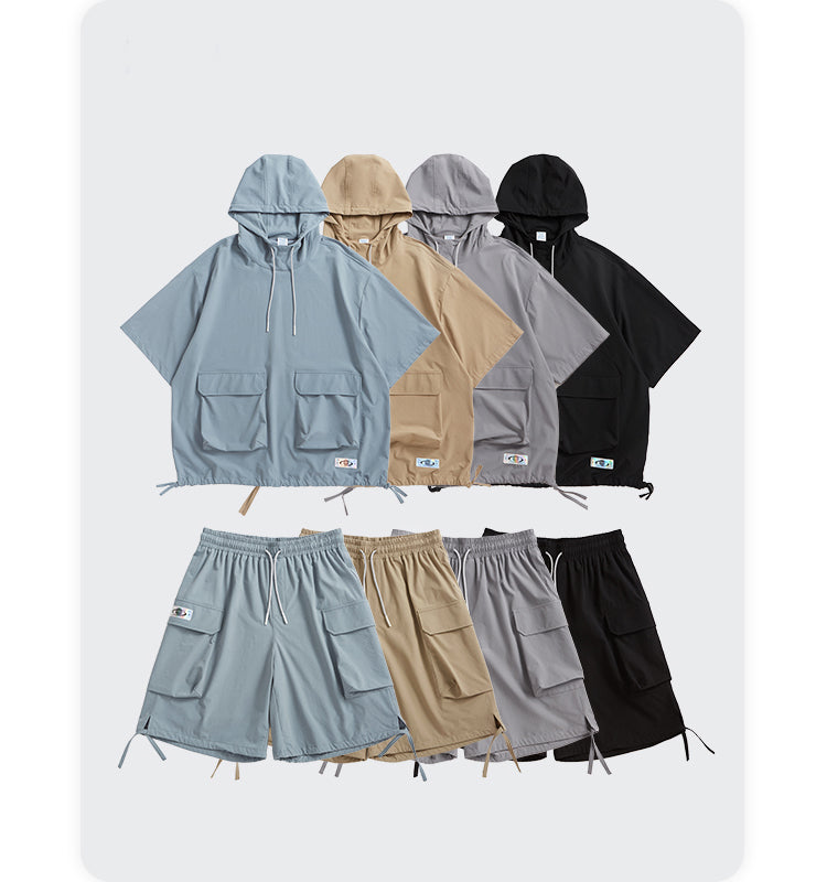 Outdoor Hooded T-shirts Elastic Waist Shorts Set