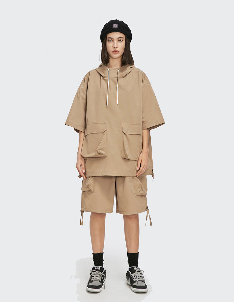 Outdoor Hooded T-shirts  Elastic Waist Shorts  Set